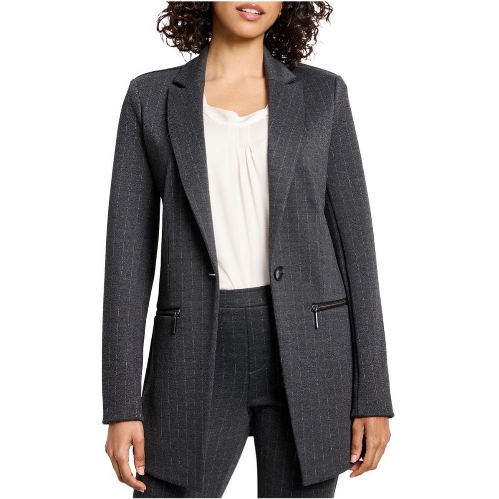 NIC+ZOE Pinstripe Ponte Zip‎ Jacket Grey Multi Longline Blazer F241020 XS NEW